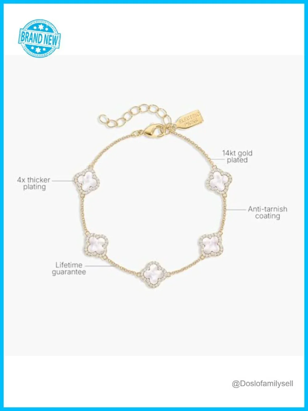 14k Gold Plated White Mother of Pearl Clover Charm Bracelet, Adjustable 6-7.5